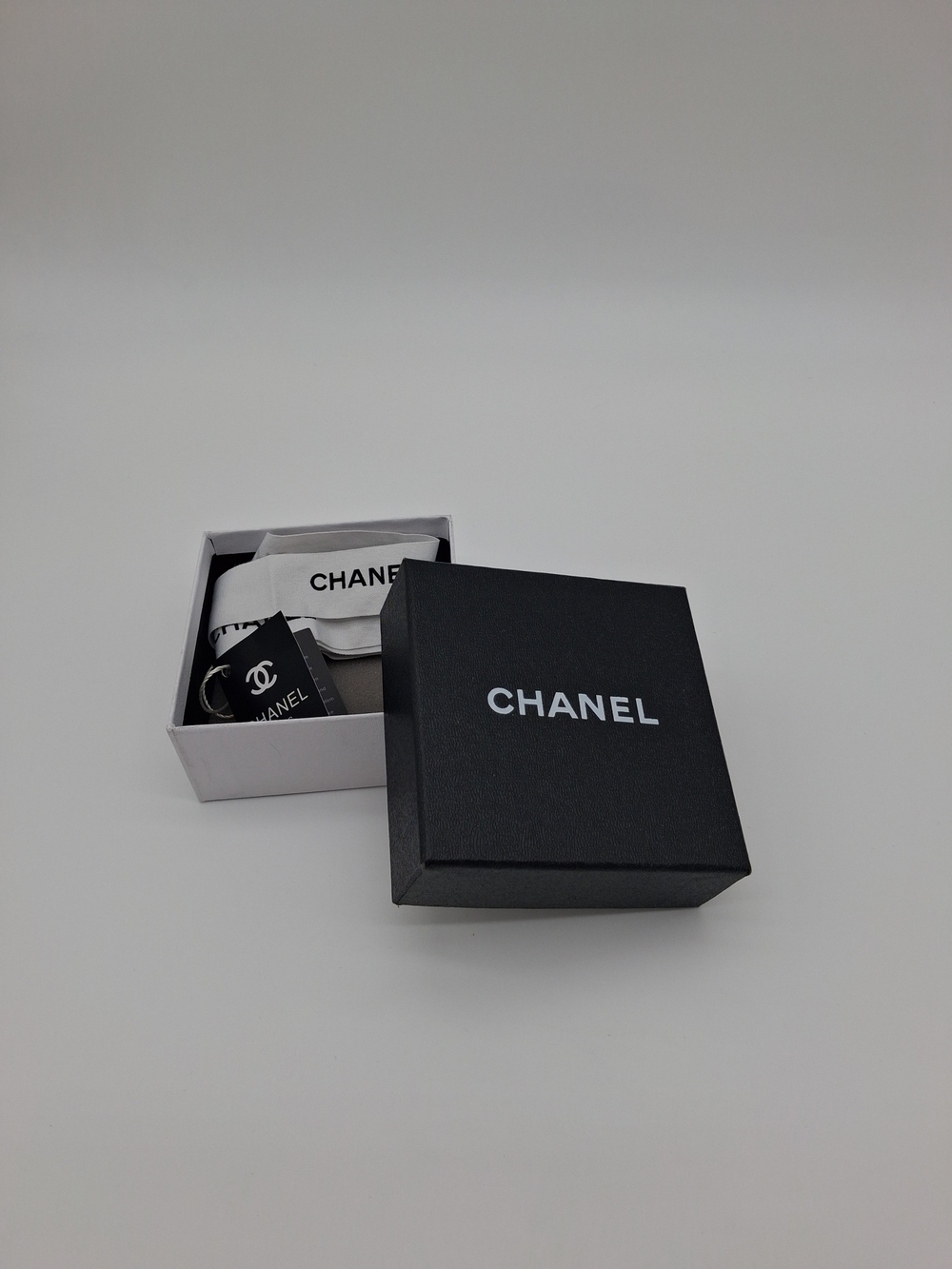 CHANEL Black Jewelry Paddes Gift Box White Interior Ribbon Care Tags Packaging
